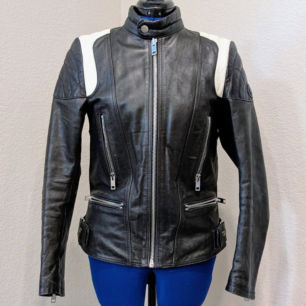 Diesel Black and White Cowhide Leather Motorcycle Jacket